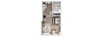 A floor plan of a small apartment with a kitchen, living room, and bathroom.