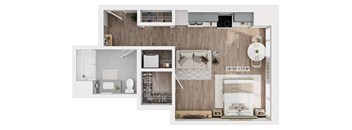 A floor plan of a small apartment with a kitchen, living room, and bathroom.