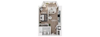 A floor plan of a small apartment with a living room, kitchen, and bathroom.