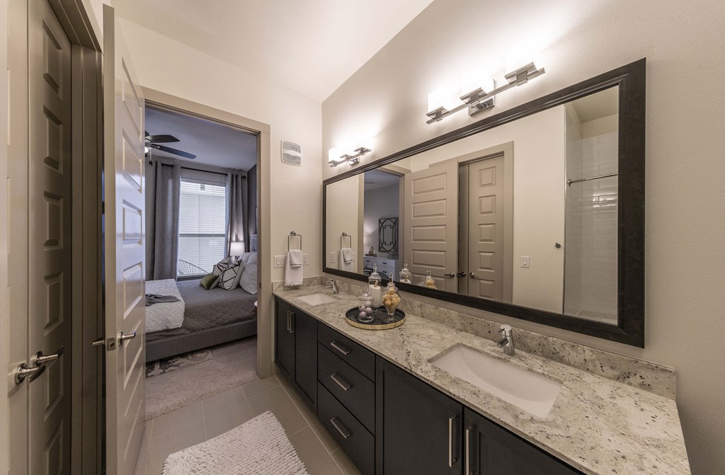 a bathroom with a large mirror and a sink