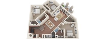 A top-down view of a house interior with a kitchen, living room, and bathroom.