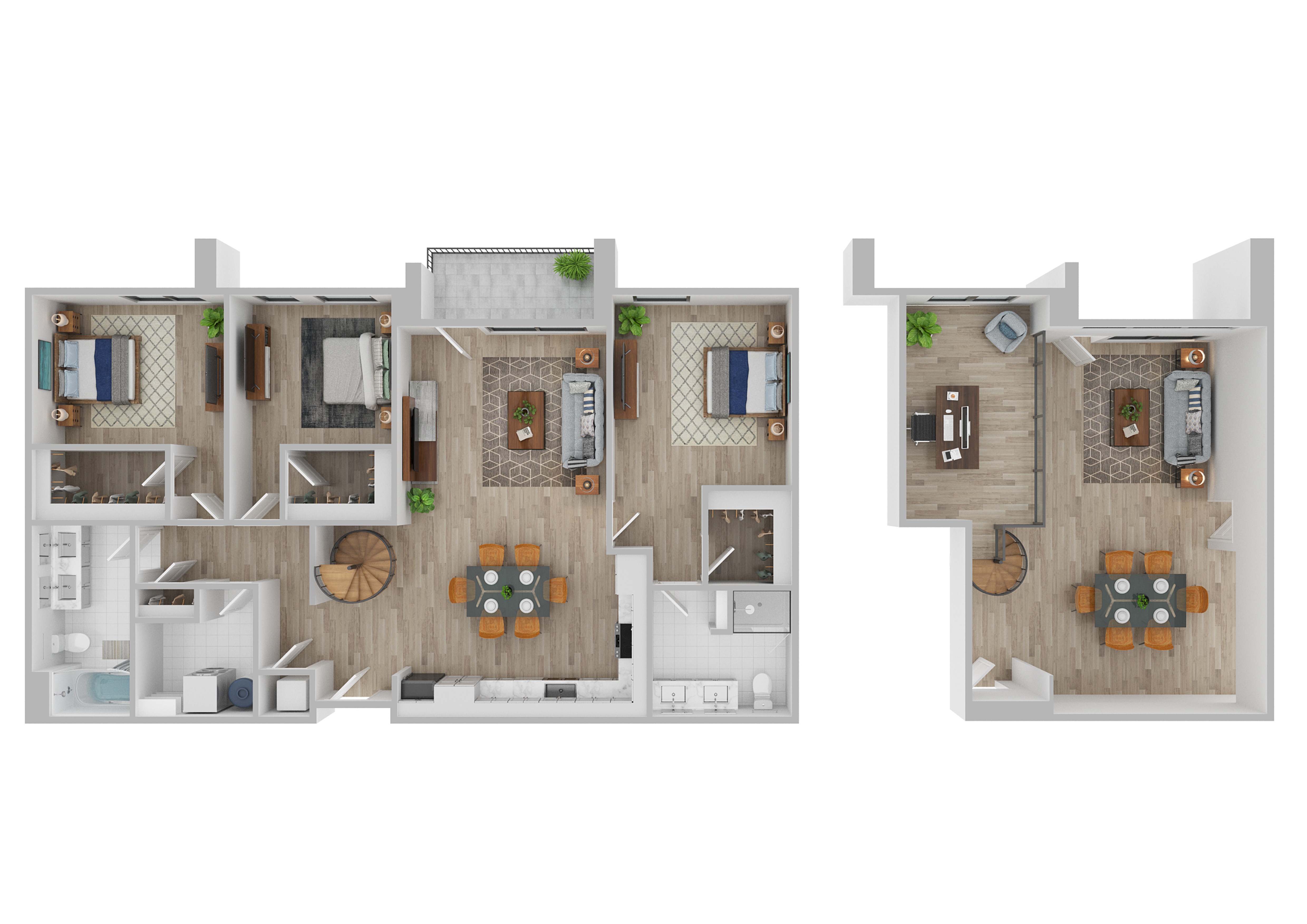 A floor plan of a house with two bedrooms and two bathrooms.
