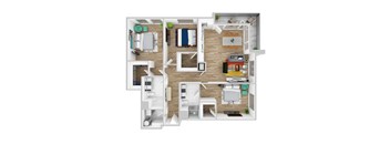 A top-down view of a house layout with multiple rooms and furniture.