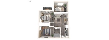 A 3D floor plan of a small apartment with a kitchen, living room, and bathroom.