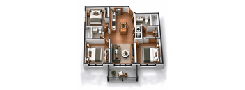 A top-down view of a well-organized apartment layout with a living area, kitchen, and bedrooms.