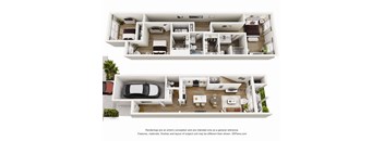 A 3D floor plan of a house with two bedrooms, a living room, a kitchen, and a garage.