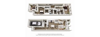 A 3D floor plan of a house with two bedrooms, a living room, a kitchen, and a garage.