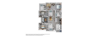 A floor plan of a house with a kitchen, living room, and bathrooms.