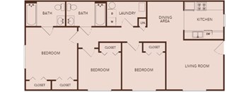 A floor plan of a house with three bedrooms, two bathrooms, a laundry room, a dining area, a kitchen, and a living room.