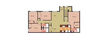 A floor plan of a house with a foyer, living room, dining room, kitchen, and four bedrooms.