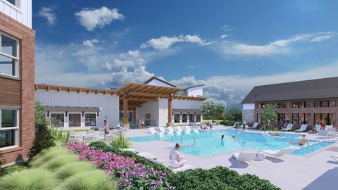 A pool area with people relaxing and a building in the background.