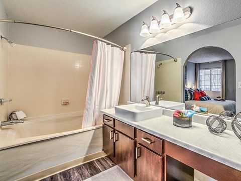 A bathroom with a white sink and a bathtub with a shower curtain.