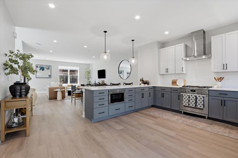 A modern kitchen with a wooden floor and grey cabinets.