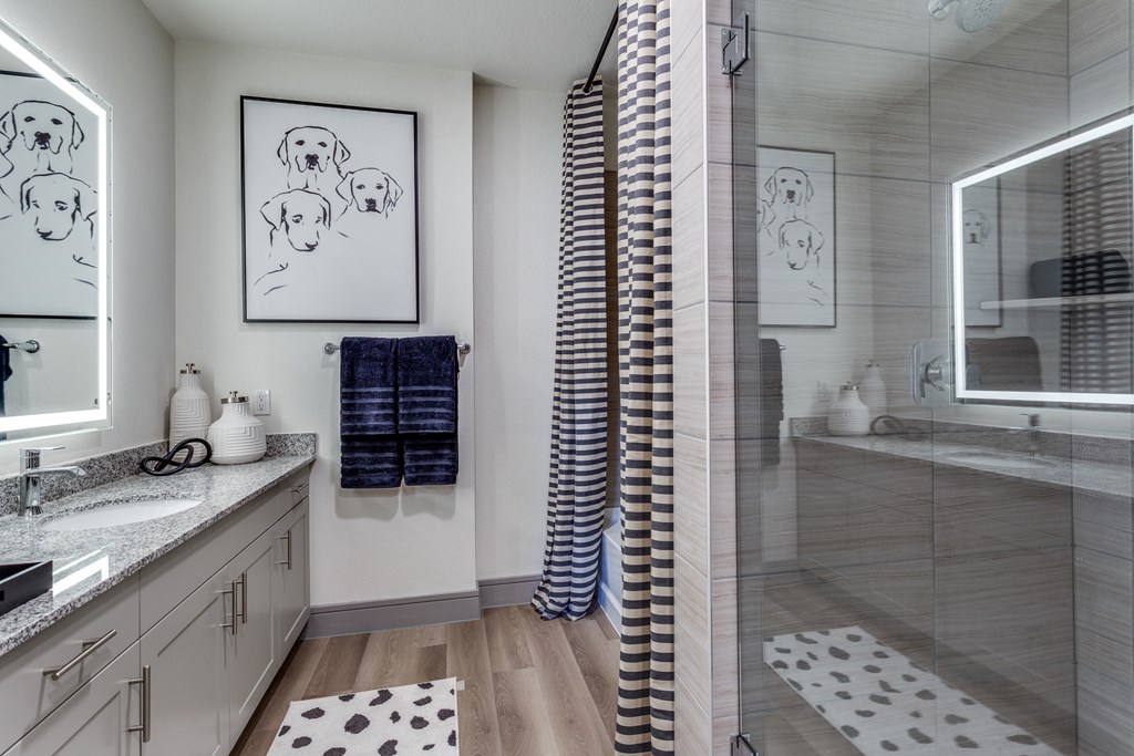 a bathroom with a shower and two sinks and a mirror
