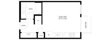 A black and white image of a floor plan for a living space.