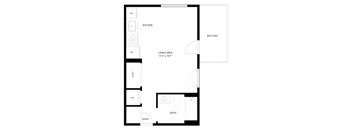A floor plan of a small apartment with a living area, kitchen, bathroom, and two doors.