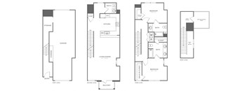 three floor plans of a house with different layouts of rooms and a staircase