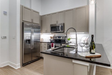 A kitchen with a black counter top and stainless steel appliances.
