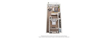 A 3D floor plan of a small apartment with a kitchen, living room, and bathroom.