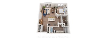 A 3D floor plan of a small apartment with a kitchen, living room, and bathroom.
