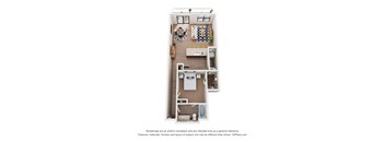 A 3D floor plan of a small apartment with a kitchen, living room, and bathroom.