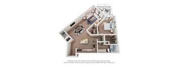 A 3D floor plan of a house with a kitchen, living room, and bathroom.