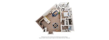 A 3D floor plan of a house with a kitchen, living room, and bathroom.