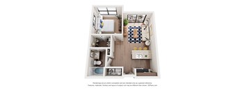 A 3D floor plan of a small apartment with a kitchen, living room, and bathroom.