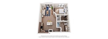 A 3D floor plan of a small apartment with a kitchen, living room, and bathroom.