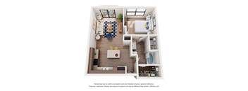 A 3D floor plan of a small apartment with a kitchen, living room, and bathroom.