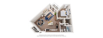 A 3D floor plan of a house with a kitchen, living room, and bathroom.