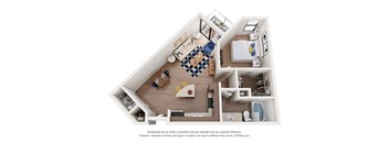 A 3D floor plan of a house with a kitchen, living room, and bedrooms.
