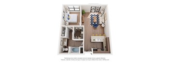 A floor plan of a small apartment with a kitchen, living room, and bathroom.