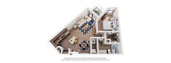 A 3D floor plan of a house with a kitchen, living room, dining room, and bedrooms.
