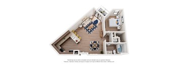 A 3D floor plan of a house with a kitchen, living room, and bathroom.