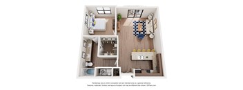 A 3D floor plan of a small apartment with a kitchen, living room, and bedrooms.