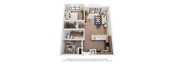 A 3D floor plan of a small apartment with a kitchen, living room, and bathroom.