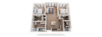 A 3D floor plan of a house with a kitchen, living room, and bedrooms.