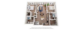 A 3D floor plan of a house with a kitchen, living room, and bathrooms.