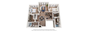 A 3D floor plan of a house with a kitchen, living room, dining room, and bathrooms.
