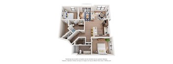 A 3D floor plan of a house with a kitchen, living room, and two bedrooms.