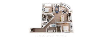 A 3D floor plan of a house with a kitchen, living room, dining room, and bathrooms.