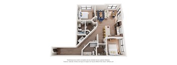A 3D floor plan of a house with a kitchen, living room, and bathroom.