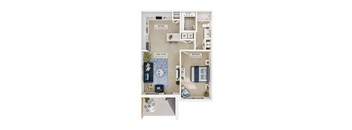 A floor plan of a small apartment with a kitchen, living room, and bedroom.