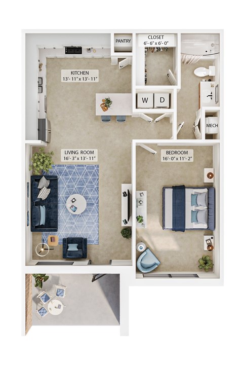 A floor plan of a small apartment with a kitchen, living room, and bedroom.