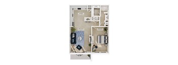 A floor plan of a small apartment with a kitchen, living room, and bedroom.