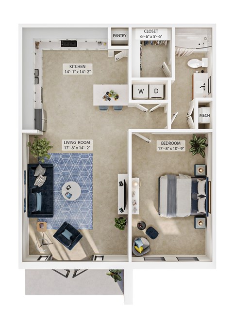 A floor plan of a small apartment with a kitchen, living room, and bedroom.