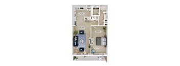A floor plan of a small apartment with a kitchen, living room, and bedroom.