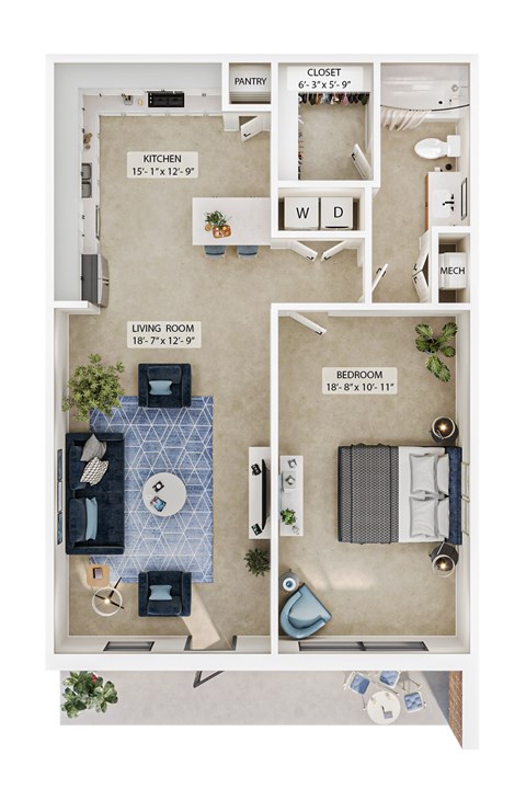 A floor plan of a small apartment with a kitchen, living room, and bedroom.