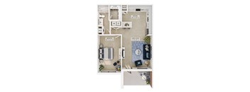 A floor plan of a small apartment with a bedroom, living room, kitchen, and bathroom.